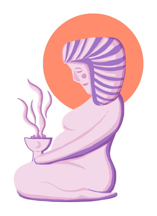 Partera di Anaku — kneeling mother with a sahumador and an orange aura